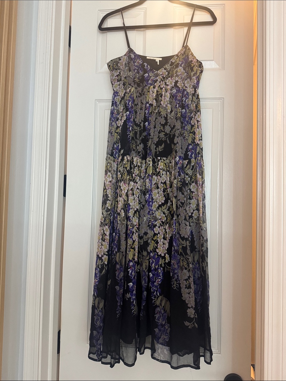 Anthropologie Floral Black & Purple Spaghetti Strap Midi Dress